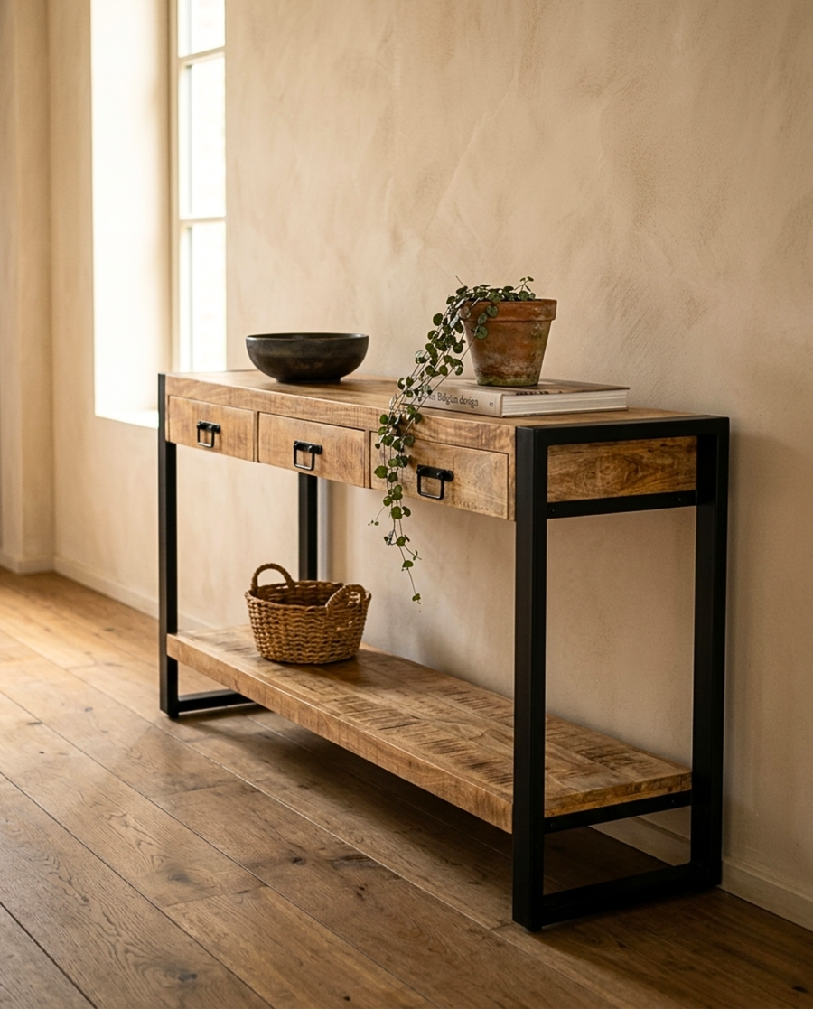 Massieve mangohouten sidetable met zwart stalen frame, drie lades en onderblad in industriële stijl.