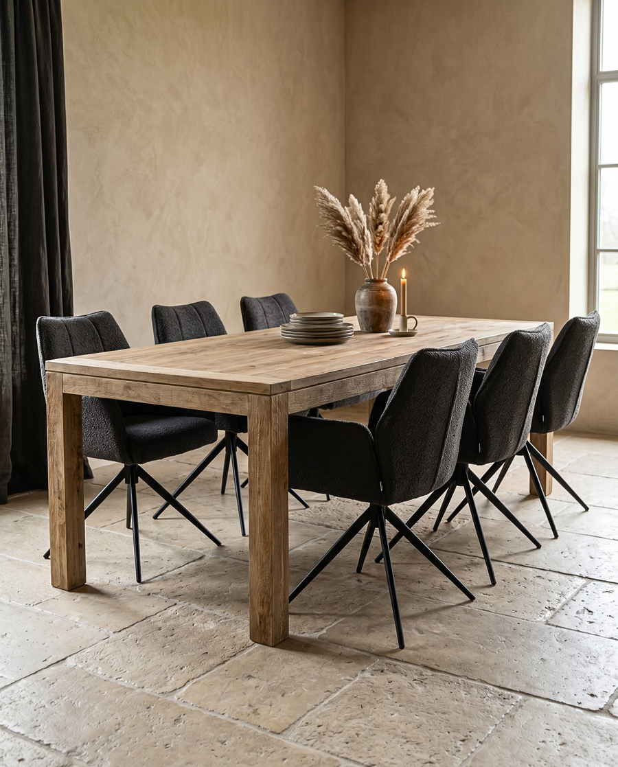 Massief eiken eettafel met robuuste houten poten, natuurlijke houtstructuur en zes antraciet eetkamerstoelen.