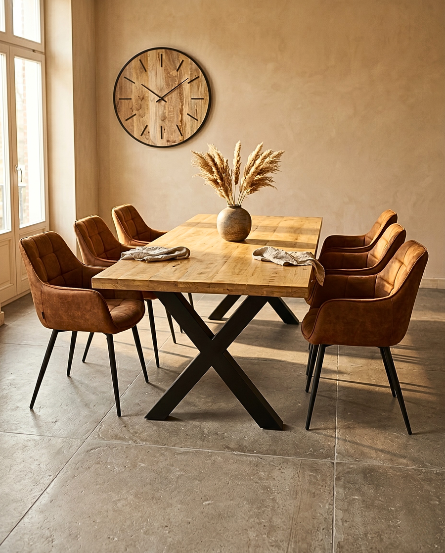 Eetkamerset met massieve mangohouten eettafel, zwarte metalen X-poot en zes bruine gestoffeerde eetkamerstoelen.