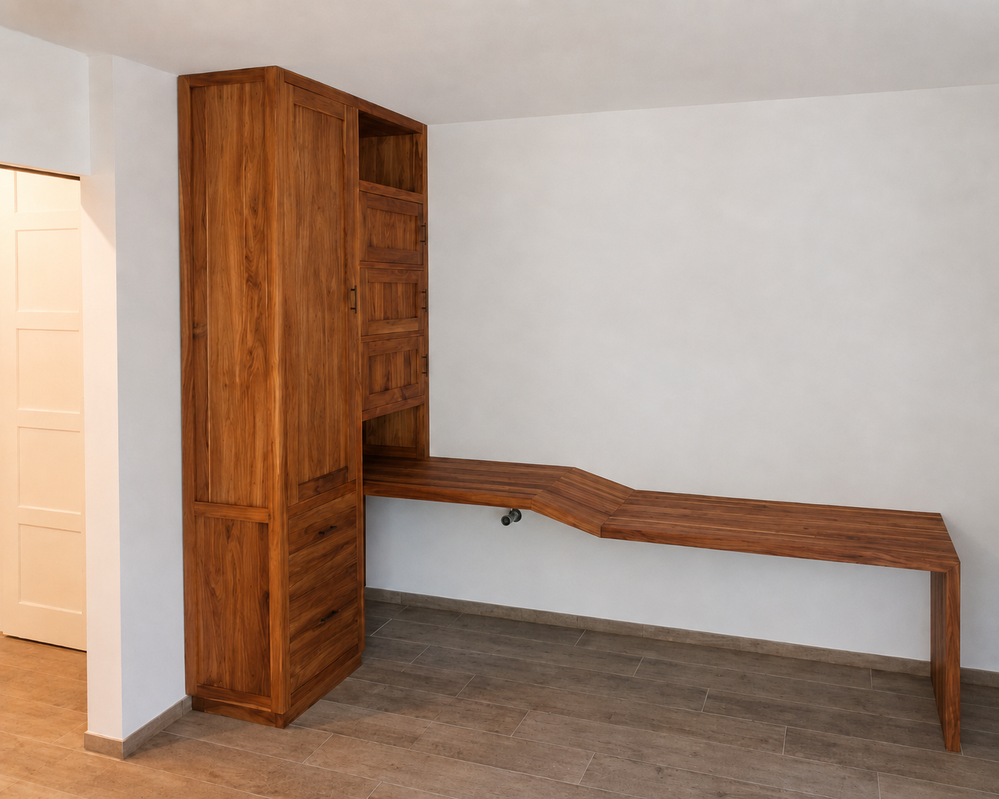 Kast en bank op maat in teak, gemaakt door Larix Meubelen