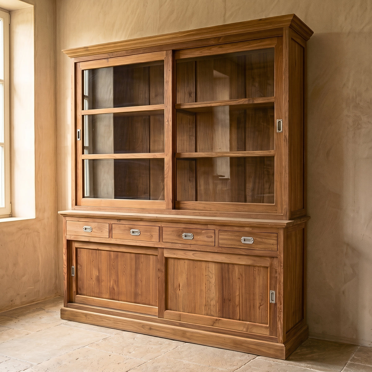 Vitrinekast massief teak 192 cm tweedelig, koloniale uitstraling met origineel tin beslag, in interieur (sfeerimpressie)